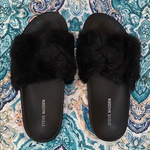 Steve Madden Black Fur Slides
